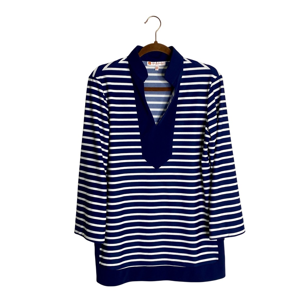 Jude Connally Chris Blue White Striped V Neck Tunic Top M Preppy Quiet Luxury